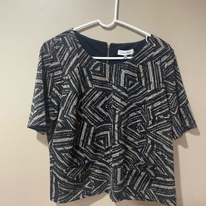 Calvin Klein Black and Cream Geometric Short Style Blouse with Front Pockets